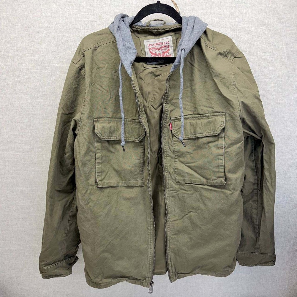Levis Mens Olive Green Canvas Field Jacket with Grey Hood Size Large